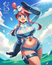 1girl blue_eyes blue_sky breasts cloud crop_top falling_petals gloves large_breasts long_hair long_sleeves looking_at_viewer nicromics nintendo open_mouth petals pokemon pokemon_bw red_hair shorts sky skyla_(pokemon) smile sunlight teeth thigh_strap upper_teeth_only