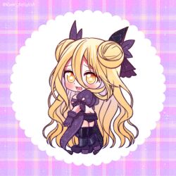 Rule 34 | 1girl, absurdres, blonde hair, blush, chibi, date a live, hair bun, highres, hoshimiya mukuro, long hair, ribbon, solo, yellow eyes
