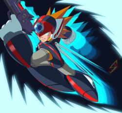 Rule 34 | 1boy, afterimage, armor, aura, axl (mega man), black armor, black background, brown hair, chest jewel, clenched hands, dashing, finger on trigger, forehead jewel, full body, gun, helmet, highres, holding, holding gun, holding weapon, mega man (series), mega man x (series), red helmet, simple background, solo, spiked, strike sketch, weapon