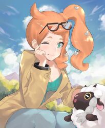 1girl aqua_eyes aqua_nails aqua_shirt bent_over blue_sky bracelet breasts brown_coat cleavage cloud coat eyewear_on_head gen_8_pokemon hair_ornament heart heart_hair_ornament j@ck jewelry large_breasts nintendo one_eye_closed orange-tinted_eyewear orange_hair pokemon pokemon_(creature) pokemon_swsh ribbed_shirt sheep shirt side_ponytail sky sonia_(pokemon) sunglasses swept_bangs tinted_eyewear wooloo