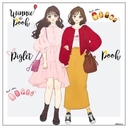 2girls brown_hair character_name copyright_name dress genderswap humanization long_hair long_sleeves looking_at_viewer meecosme multiple_girls piglet_(winnie_the_pooh) pooh shirt shoes short_hair short_sleeves simple_background skirt smile winnie_the_pooh