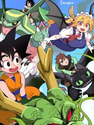 2boys 3girls absurdres armor artist_name black_hair black_sclera blonde_hair blush bongfill breasts brown_hair colored_sclera dragon dragon_ball dragon_girl dragon_horns dragon_tail dragon_wings dress eastern_dragon gen_3_pokemon glasses gloves gradient_hair green_sclera hiccup_horrendous_haddock_iii highres horns how_to_train_your_dragon_(series) kobayashi-san_chi_no_maidragon kobayashi_(maidragon) large_breasts large_tail leather_armor legendary_pokemon long_hair maid maid_headdress multicolored_hair multiple_boys multiple_girls nintendo open_mouth orange_eyes outdoors pokemon pokemon_(creature) rayquaza red_eyes red_hair scales shenron_(dragon_ball) shirt short_hair slit_pupils smile son_goku species_connection spiked_hair tail teeth tohru_(maidragon) toothless twintails western_dragon white_gloves white_shirt wings yellow_eyes zinnia_(pokemon)