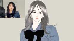 1girl black_bow black_bowtie black_hair blue_shirt bow bowtie closed_mouth earrings gfriend highres jewelry looking_to_the_side medium_hair mignon94776761 photo-referenced pink_lips real_life shirt simple_background sinb_(gfriend) solo upper_body