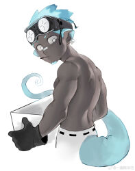 1boy absurdres arknights bandaid bandaid_on_face bandaid_on_nose bara black_gloves blue_hair box chameleon_boy chameleon_tail chinese_commentary closed_mouth commentary_request ethan_(arknights) facial_hair from_above gloves goatee goggles goggles_on_head highres holding holding_box looking_at_viewer looking_back male_focus muscular muscular_male pants pectorals pointy_ears tail topless_male watermark weibo_watermark white_background white_pants yi_tan_a_mi_ba