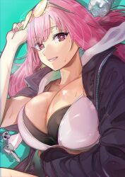 Rule 34 | 1girl, absurdres, alternate costume, black bra, black jacket, bottle, bra, breasts, eyewear on head, highres, hololive, hololive english, iris (tb33064667), jacket, key, large breasts, long hair, mori calliope, pink eyes, pink hair, pink nails, sweat, tinted eyewear, underwear, virtual youtuber, water bottle, white bra, yellow-tinted eyewear