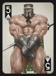 1boy abs bara beard biceps black_eyes black_hair cape card covered_navel facial_hair gauntlets helmet highres large_pectorals male_focus male_underwear manly mature_male muscular muscular_arms muscular_legs muscular_male nipples original pectorals spade_(shape) sword thick_eyebrows thighs tooboshoo topless_female topless_male underwear warrior weapon