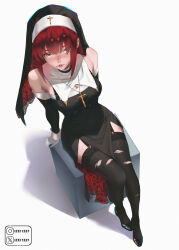 1girl absurdres bare_shoulders black_shoes black_thighhighs breasts chainsaw_man cleavage cross cross_necklace detached_sleeves gloves hair_over_eyes highres instagram_username izei1337 jewelry lace lace-trimmed_thighhighs lace_trim large_breasts lips long_hair long_sleeves looking_at_viewer makima_(chainsaw_man) necklace nun parted_lips pelvic_curtain red_hair shadow shoes sidelocks simple_background sitting solo thighhighs torn_clothes torn_thighhighs twitter_username white_background white_gloves yellow_eyes
