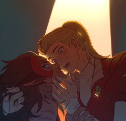 2girls adora_(she-ra) animal_ears bad_end blonde_hair blood blue_eyes brown_hair cat_ears cat_girl catra closed_mouth couple eye_contact grabbing_another&#039;s_hair hand_on_another&#039;s_arm hand_on_another&#039;s_face hand_up hands_up highres holding_another&#039;s_wrist imminent_kiss long_hair looking_at_another mondaykilly multiple_girls nosebleed open_mouth ponytail she-ra_and_the_princesses_of_power upper_body bad_tag yuri