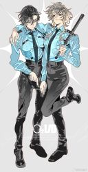 2girls baton_(weapon) black_hair cuffs full_body green_hair grey_eyes gun hand_on_another&#039;s_shoulder handgun high-waist_pants highres holding holding_gun holding_weapon leg_up multiple_girls necktie original pants police police_uniform policewoman short_hair simple_background standing standing_on_one_leg weapon yanghua_gaizi