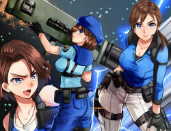 1girl artist_name beret black_gloves blue_eyes blue_hat blue_shirt breasts brown_hair electricity fingerless_gloves gloves hat headset holding holding_rocket_launcher holding_weapon jill_valentine multiple_views nagare pants ponytail resident_evil resident_evil_1 resident_evil_3:_nemesis resident_evil_3_(remake) resident_evil_5 rocket_launcher shirt smile weapon