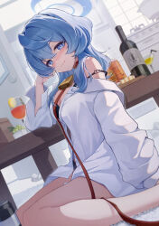 1girl absurdres ako_(blue_archive) alternate_costume bare_legs beer_can bell black_bra black_panties blue_archive blue_eyes blue_hair blue_halo blush bottle bra breasts can closed_mouth cowbell cup drink_can feet_out_of_frame food fruit grapes halo highres indoors kitchen looking_at_viewer medium_hair neck_bell no_pants open_door panties prana_(prana12) seiza shirt sitting solo table underwear white_shirt wine_bottle
