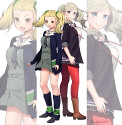 2girls ayase_yuka blonde_hair breasts brown_eyes closed_mouth do_m_kaeru earrings freckles full_body hair_ornament hair_scrunchie in-franchise_crossover jewelry lips long_hair looking_at_viewer multiple_girls necktie open_mouth pantyhose persona persona_1 persona_5 school_uniform scrunchie skirt smile st._hermelin_school_uniform takamaki_anne twintails twitter_username white_background