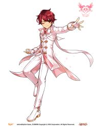 1boy back_bow belt bow bowtie closed_mouth coat company_name copyright_name copyright_notice dot_nose dress_pants dress_shoes elsword elsword_(character) fingerless_gloves full_body game_cg gloves hwansang leg_up logo long_sleeves looking_at_viewer magical_boy male_focus official_alternate_costume official_art one_eye_closed outstretched_arm pants red_brooch red_eyes red_hair second-party_source shoes short_hair sleeve_cuffs smile solo standing tachi-e thigh_belt thigh_strap transparent_background white_belt white_bow white_bowtie white_coat white_gloves white_pants white_shoes