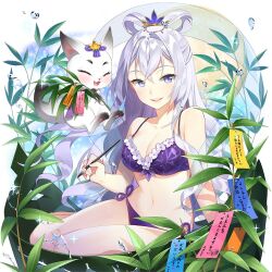 1girl animal bamboo bikini grey_eyes grey_hair long_hair multicolored_eyes purple_bikini purple_eyes roselia_violet salt_(salty) swimsuit tanzaku uchi_no_hime-sama_ga_ichiban_kawaii