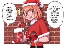 1girl alternate_costume breasts brick_wall caught christmas coal english_text fire_emblem fire_emblem_engage hat lapis_(fire_emblem) medium_breasts mnejing30 nintendo open_mouth pink_eyes pink_hair santa_costume santa_hat solo speech_bubble teeth upper_teeth_only
