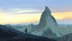 Rule 34 | 1boy, cambocreation, cloak, cloud, from behind, landscape, mountain, original, painterly, rock, scenery, sky, snow, standing, watermark, wind