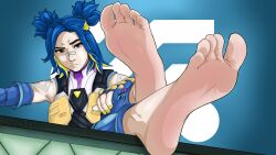 1girl bad_tag beads blue_background blue_hair fanart_digital feet feet_up foot_focus foot_up foot_worship kaerokus neon_(valorant) patreon_username radiant soles solesfetish toes toes_up valorant