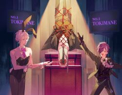 3boys a_horny_money_world_(houshou_marine) absurdres animal_ears auction banzoin_hakka bdsm bird_boy black_leotard blue_eyes bondage bound bow bowtie crested_ibis detached_collar fake_animal_ears forehead formal_clothes furry furry_male gavis_bettel glasses hair_over_one_eye heterochromia highres holding holding_microphone holostars holostars_english leotard lynnear male_focus male_playboy_bunny microphone multiple_boys necktie outstretched_arm pantyhose pink_bow pink_bowtie pink_eyes pink_necktie playboy_bunny purple_hair rabbit_ears rabbit_tail red_rope rope shibari short_hair spotlight strapless strapless_leotard suit tail tokimane upside-down virtual_youtuber white_hair wrist_cuffs