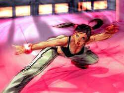 1girl arched_back bangle black_hair bracelet breasts cleavage fighting_stance game_cg gym_uniform jewelry kawano_takuji ling_xiaoyu official_art open_mouth outstretched_arms outstretched_leg pants short_twintails sideways_glance solo tekken tekken_4 track_pants twintails