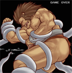 1boy animal_ears bara bare_pectorals biceps black_background bound bound_arms bound_legs closed_eyes commentary_request cum erection furry furry_male game_over leo_(warzard) lion_boy lion_ears lion_mane lowres magnum_feering male_focus muscular muscular_male nipples open_mouth pectorals penis red_loincloth saliva scar scar_on_face scar_on_nose tentacle_sex tentacles topless_male warzard