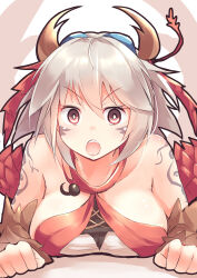 1girl absurdres arm_tattoo arthropod_girl blush breasts brown_eyes collarbone duel_monster facial_tattoo grey_hair highres kanzakietc large_breasts long_hair looking_at_viewer monster_girl open_mouth simple_background solo tattoo teeth traptrix_myrmeleo upper_teeth_only very_long_hair yu-gi-oh!