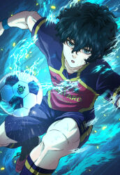 Rule 34 | 1boy, absurdres, ball, blue eyes, blue hair, blue lock, blue shorts, blue socks, collarbone, cowboy shot, curly hair, highres, jin kiyora, looking at viewer, male focus, open mouth, red shoes, shoes, short hair, short sleeves, shorts, soccer ball, soccer uniform, socks, solo, sportswear, sweat, toitoi kotsu