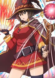Rule 34 | 1girl, belt, black choker, black gloves, black thighhighs, breasts, brown cape, brown eyes, brown hair, brown hat, cape, choker, cloak, collar, collarbone, colored skin, commentary, cosplay, dress, explosion, fingerless gloves, fire, frown, girls und panzer, gloves, hat, highres, holding, holding staff, kono subarashii sekai ni shukufuku wo!, looking at viewer, magic, magical girl, medium breasts, megumin, megumin (cosplay), nishizumi maho, omachi (slabco), open mouth, pyrokinesis, red dress, short dress, short hair, solo, staff, standing, thighhighs, white skin, witch, witch hat