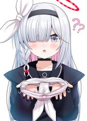 1girl ? ?? absurdres black_choker black_coat black_hairband black_sailor_collar black_shirt blue_archive bow bow_panties choker coat colored_inner_hair commentary_request grey_eyes hair_over_one_eye hairband halo highres holding holding_panties holding_underwear holding_unworn_clothes loli long_hair long_sleeves looking_at_viewer multicolored_hair open_mouth panties pink_hair pink_panties plana_(blue_archive) presenting_removed_panties pussy_juice_stain red_halo red_pupils sailor_collar sailor_shirt sakamatashachi shirt simple_background solo stained_panties striped_clothes striped_panties underwear upper_body variant_set very_long_hair white_background white_hair