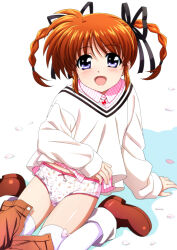 Rule 34 | 1girl, ankle boots, black ribbon, boots, bow, bow panties, brown boots, casual, clothes pull, collared shirt, commentary request, crotch seam, hair ribbon, highres, jewelry, layered clothes, long sleeves, looking at viewer, lyrical nanoha, mahou shoujo lyrical nanoha, medium hair, miyajima hitoshi, necklace, open mouth, panties, partial commentary, petals, pink shirt, print panties, purple eyes, raising heart, ribbon, shirt, shorts, shorts pull, sitting, smile, solo, takamachi nanoha, textless version, thighhighs, twintails, underwear, white background, white panties, white shirt, white thighhighs