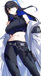 1girl absurdres blue_archive blue_eyes blue_hair blue_halo buckle chest_harness coat colored_inner_hair halo harness highres knife_sheath koppepan_agp multicolored_hair navel saori_(blue_archive) sheath shirt sleeveless sleeveless_shirt snap-fit_buckle solo thigh_sheath white_coat