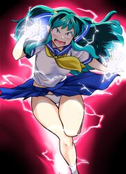 1girl absurdres blue_sailor_collar blue_skirt clenched_hand cone_horns electricity frown green_hair highres horns long_hair looking_at_viewer lum nanao_futaba neckerchief open_mouth panties panty_peek pointy_ears running sailor_collar school_uniform serafuku shirt skirt solo underwear urusei_yatsura v-shaped_eyebrows white_panties white_shirt yellow_neckerchief