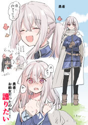 &gt;:) 2girls :d ^^^ ^_^ arrow_through_heart belt black_hair black_pantyhose blue_bra blue_jacket blue_sky blush boots bra breasts brown_belt brown_boots cleavage closed_eyes closed_mouth cloud comiket_106 dark-skinned_female dark_skin day grey_cloak grey_hair hands_on_hilt highres jacket long_hair medium_breasts mito_(go!go!king!) multiple_girls nose_blush open_mouth original pantyhose ponytail purple_eyes sky smile translated underwear v-shaped_eyebrows white_background yuri