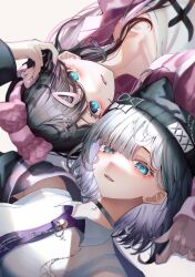 Rule 34 | 2girls, aqua eyes, black choker, black hair, black hat, choker, collared shirt, fang, grey hair, hair ornament, hairclip, hat, highres, jacket, kaga nazuna, kaga sumire, knit hat, long hair, looking at viewer, minto (minto rururu), mole, mole under eye, multicolored hair, multiple girls, necktie, open clothes, open jacket, parted lips, pink hair, pink jacket, purple necktie, shirt, short hair, simple background, smile, virtual youtuber, vspo!, white background, white shirt