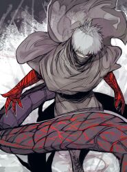 1boy black_sclera brown_robe colored_sclera flesh heterochromia highres kagune_(tokyo_ghoul) kaneki_ken looking_at_viewer male_focus mask mismatched_sclera mouth_mask outstretched_arms red_eyes robe shadow short_hair simple_background solo stfr_(stfr_kaz) tentacles tokyo_ghoul tokyo_ghoul:re white_hair