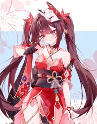 1girl bell black_choker black_sash choker dress flower_tattoo fox_mask gloves highres honkai:_star_rail honkai_(series) mark_under_both_eyes mask mask_on_head meoyami neck_bell red_dress red_sleeves sash single_glove solo sparkle_(honkai:_star_rail) tattoo