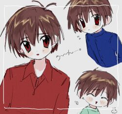 1boy antenna_hair blue_shirt blush border brown_hair closed_eyes closed_mouth collared_shirt di_gi_charat di_gi_charat_(1999) green_shirt grey_background highres looking_at_viewer male_focus minagawa_takurou multiple_views open_mouth pepeppepe101 red_eyes red_shirt shirt short_hair smile white_border
