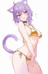 1girl absurdres ahoge alternate_costume animal_collar animal_ear_fluff animal_ears bikini bikini_bottom_lift black_collar cat_ears cat_girl cat_tail collar commentary_request cowboy_shot flying_sweatdrops gold_bikini highres hololive lifting_own_clothes nekomata_okayu open_mouth purple_eyes purple_hair side-tie_bikini_bottom simple_background smile solo swimsuit tail virtual_youtuber warg_game white_background