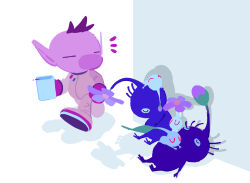 Rule 34 | 1boy, against wall, big nose, brown hair, bud, buttons, closed eyes, colored skin, cup, drink, flower, full body, gloves, highres, holding, holding cup, leaning, lying, lying on person, mug, nintendo, no headwear, no mouth, notice lines, olimar, on back, on stomach, pikmin (creature), pikmin (series), pink flower, pointy ears, purple hair, purple pikmin, purple skin, red gloves, shadow, short hair, sitting, sleeping, spacesuit, very short hair, walking, white background, white pikmin, white skin, yu pikmin