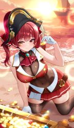 1girl absurdres aki_hoshino ascot beach belt breasts brown_belt cleavage closed_mouth cloud coin covered_navel gloves gold_coin hat heterochromia highres holding holding_coin hololive houshou_marine houshou_marine_(1st_costume) kneeling large_breasts leotard leotard_under_clothes looking_at_viewer ocean outdoors pirate_hat red_ascot red_eyes red_hair red_skirt see-through_cleavage see-through_clothes ship skirt sky smile solo sunset thighhighs treasure_chest twintails virtual_youtuber water watercraft white_gloves yellow_eyes yellow_sky zettai_ryouiki