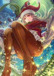 Rule 34 | 1girl, ammunition belt, braid, brown pantyhose, brown shoes, christmas, christmas tree, closed mouth, commentary request, dress, fate/grand order, fate (series), floating, florence nightingale (fate), florence nightingale (santa) (fate), from below, full moon, gloves, gun, hat, highres, holding, holding gun, holding weapon, legs, light frown, light particles, long hair, long sleeves, looking at viewer, moon, night, outdoors, pantyhose, parasol, petticoat, pink hair, red dress, red eyes, red hat, sakumichi, santa costume, santa dress, santa hat, shoes, solo, sparkle, thighband pantyhose, umbrella, weapon, white gloves
