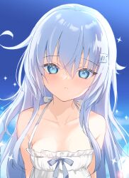 1girl absurdres bare_shoulders blue_bow blue_eyes blue_hair blue_sky blush bow breasts closed_mouth cloud collarbone commentary_request day dress hair_between_eyes hair_ornament hibiki_(kancolle) highres kantai_collection long_hair looking_at_viewer motohara_moka outdoors roman_numeral sky sleeveless sleeveless_dress small_breasts solo very_long_hair white_dress