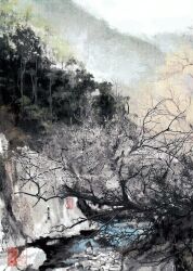 1boy bare_tree black_hair child chinese_clothes hanfu highres long_hair male_focus nanchuangxia90792 nature outdoors panguan scenery seal_impression sitting solo stream tree very_wide_shot water wen_shi white_hanfu