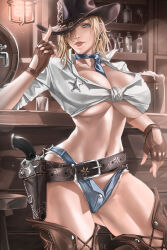 1girl alternate_costume bar_(place) blonde_hair blue_eyes boots breasts brown_hat cleavage cowboy_boots cowboy_hat cowboy_western cowgirl_(western) dead_or_alive fringe_trim gloves gun handgun hat highres holding holster large_breasts lips long_hair looking_at_viewer navel revolver saloon shirt smile solo spurs tina_armstrong weapon wtparadise