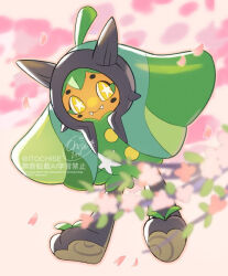 1girl blurry branch bright_pupils closed_mouth commentary_request day depth_of_field falling_petals fangs fangs_out happy nintendo ogerpon orange_(orangelv20) outdoors petals pokemon pokemon_(creature) pokemon_focus signature smile solo star-shaped_pupils star_(symbol) symbol-shaped_pupils watermark white_pupils yellow_eyes