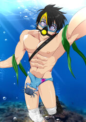 1boy abs artist_request ball_busting bubble bulge crab diving erection erection_under_clothes highres keiichirou_(mixedfight) seaweed
