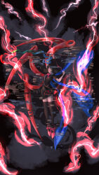 Rule 34 | 1girl, :d, absurdres, asymmetrical wings, black background, black dress, black hair, black thighhighs, blue wings, bow, casting spell, dress, film grain, floating, full body, glitch, hair floating upwards, highres, holding, holding polearm, holding weapon, houjuu nue, kakakuwa, mary janes, open mouth, petite, pinky out, polearm, powering up, red bow, red eyes, red footwear, red lightning, red wings, shoes, short hair, smile, snake, spell, spell card, thighhighs, tomoe (symbol), touhou, trident, undefined fantastic object, weapon, wings, zettai ryouiki