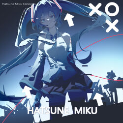 1girl 3others absurdres arm_tattoo arrow_(symbol) black_skirt black_sleeves blue_eyes blue_hair blue_necktie character_name circle closed_mouth collared_shirt commentary detached_sleeves drum drumsticks frown hair_between_eyes hatsune_miku headset highres holding instrument long_hair long_sleeves multiple_others necktie number_tattoo pleated_skirt qtian shirt silhouette skirt solo_focus tattoo thigh_strap tie_clip twintails vocaloid white_shirt x