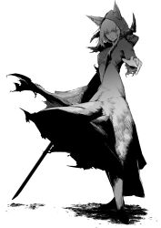 1girl absurdres animal_ear_fluff animal_ears arknights character_request closed_mouth ears_through_headwear full_body greyscale hair_between_eyes highres hood hood_up hooded_robe long_hair long_sleeves looking_at_viewer monochrome robe simple_background solo standing sword torn_clothes torn_robe utsuke weapon white_background