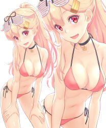 Rule 34 | 1girl, alternate costume, alternate hairstyle, anchor necklace, bare arms, bare legs, bare shoulders, bikini, black ribbon, blonde hair, blush, breasts, choker, cleavage, collarbone, commentary request, dan (kumadan), eyewear on head, fang, gradient hair, hair flaps, hair ornament, hair ribbon, hairclip, halterneck, hands on own thighs, has bad revision, highres, jewelry, kantai collection, leaning forward, long hair, looking at viewer, md5 mismatch, medium breasts, multicolored hair, multiple views, navel, necklace, open mouth, pink bikini, ponytail, red eyes, ribbon, shutter shades, side-tie bikini bottom, simple background, skindentation, smile, string bikini, sweat, swimsuit, wet, white background, yuudachi (kancolle), yuudachi kai ni (kancolle), zoom layer