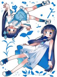 2girls :d absurdres animal_print background_request black_hair blue_bow blue_eyes blue_hair blue_overalls blue_ribbon blue_scrunchie blue_shoes blue_socks blush boater_hat bow brooch buttons cat_hat_ornament cat_print cevio collared_dress collared_shirt colored_inner_hair commentary_request cross-laced_clothes cross-laced_dress dress embroidery footwear_bow futaba_kominato futaba_minato gauze gauze_on_knee gradient_neck_ribbon hair_ornament hairclip hat hat_ornament hat_ribbon highres jewelry kneehighs lace_trim layered_dress leaf_hair_ornament long_hair multicolored_hair multiple_girls open_mouth overall_shorts overalls parted_lips print_socks ribbon scrunchie shimashiro_itsuki shirt shoes short_sleeves single_sidelock sleeveless sleeveless_dress smile sneakers socks swept_bangs twintails two-sided_fabric two-tone_background white_background white_bow white_dress white_hat white_shirt white_shoes wrist_scrunchie